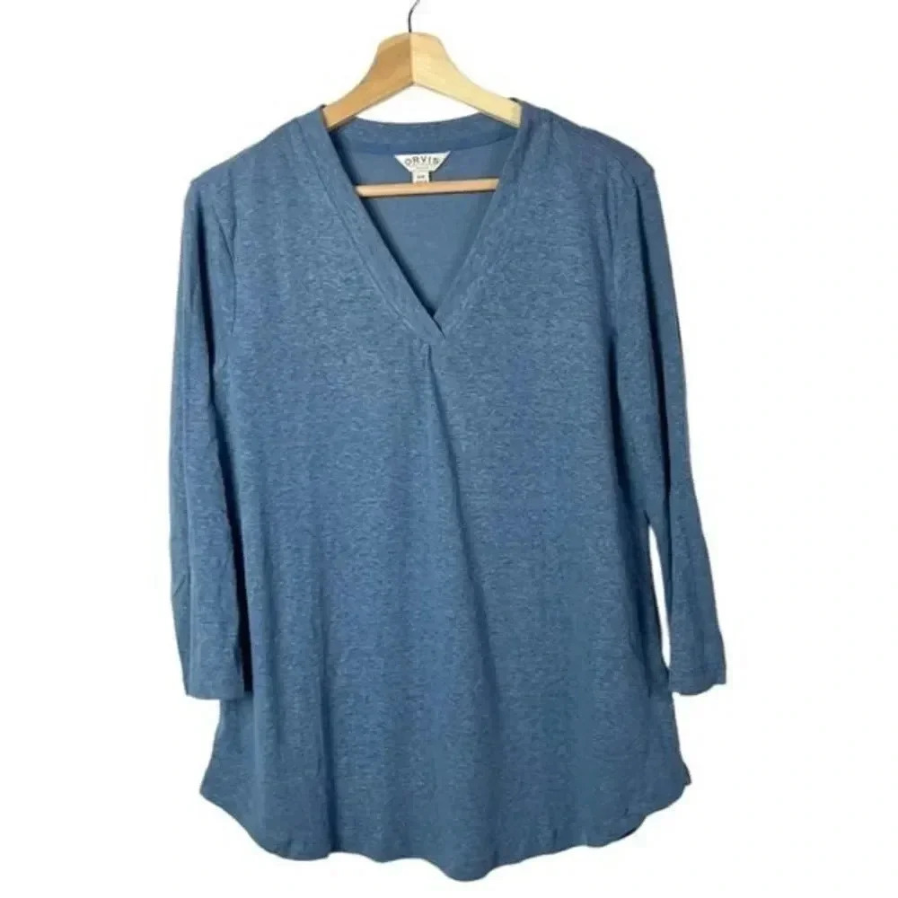 Orvis Blue Linen V-Neck Relaxed Fit Blouse M